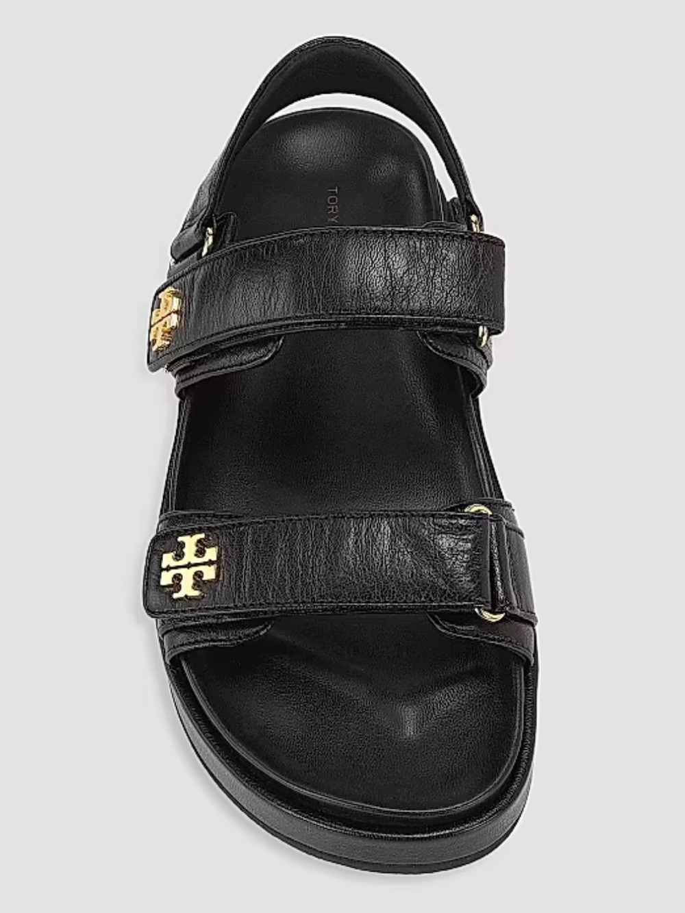 Tory Burch Kira women’s Black Leather Double-Strap Sandals with Gold Logo